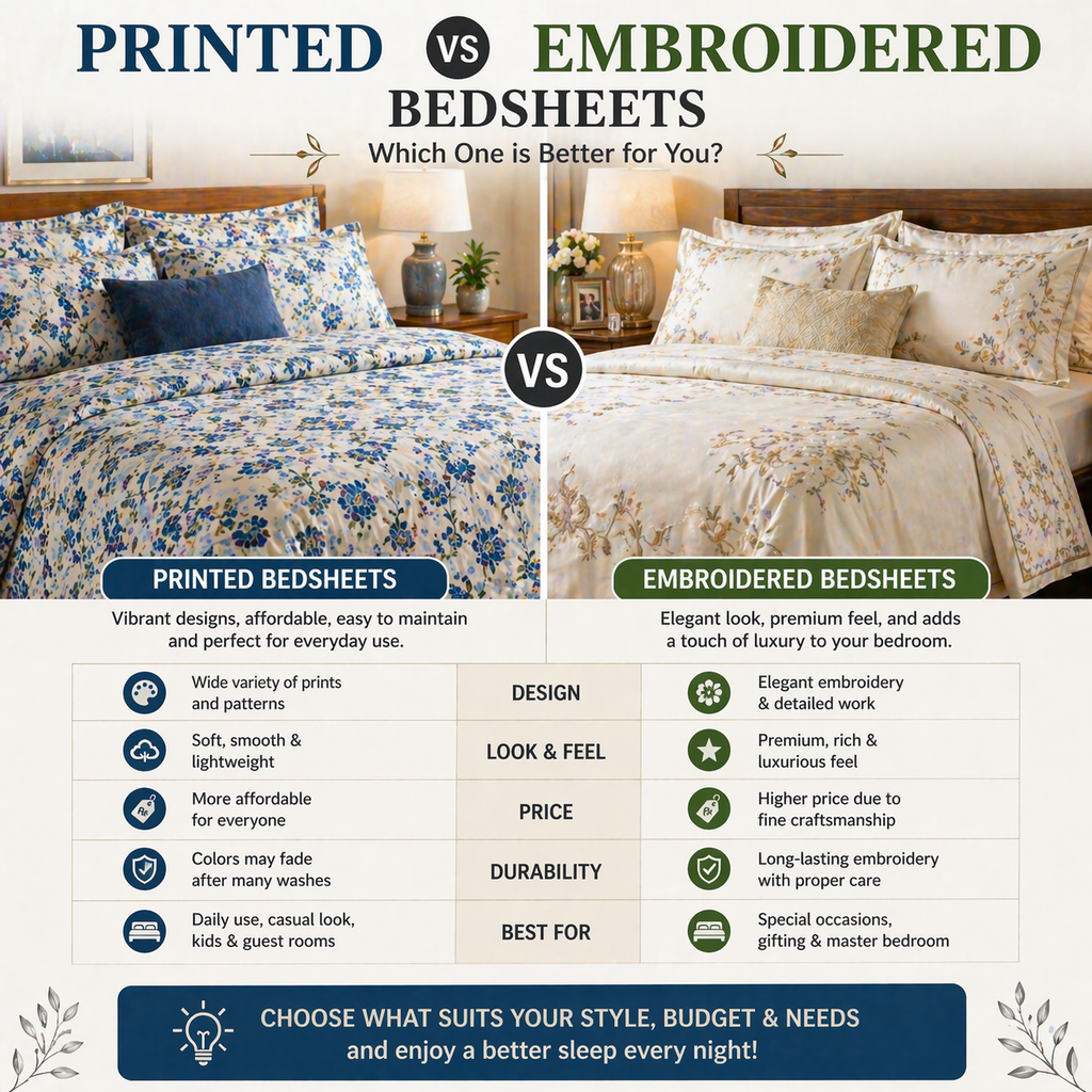 Printed vs Embroidered Bedsheets – Which is Better? (2026 Guide)